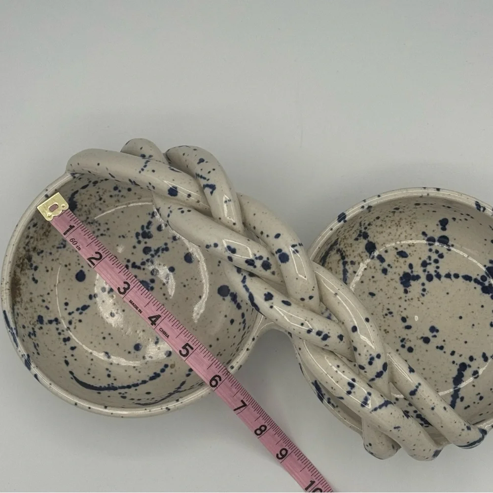 Handcrafted Ceramic Speckled Blue and Gold Dual Double Bowl with Braided Handle